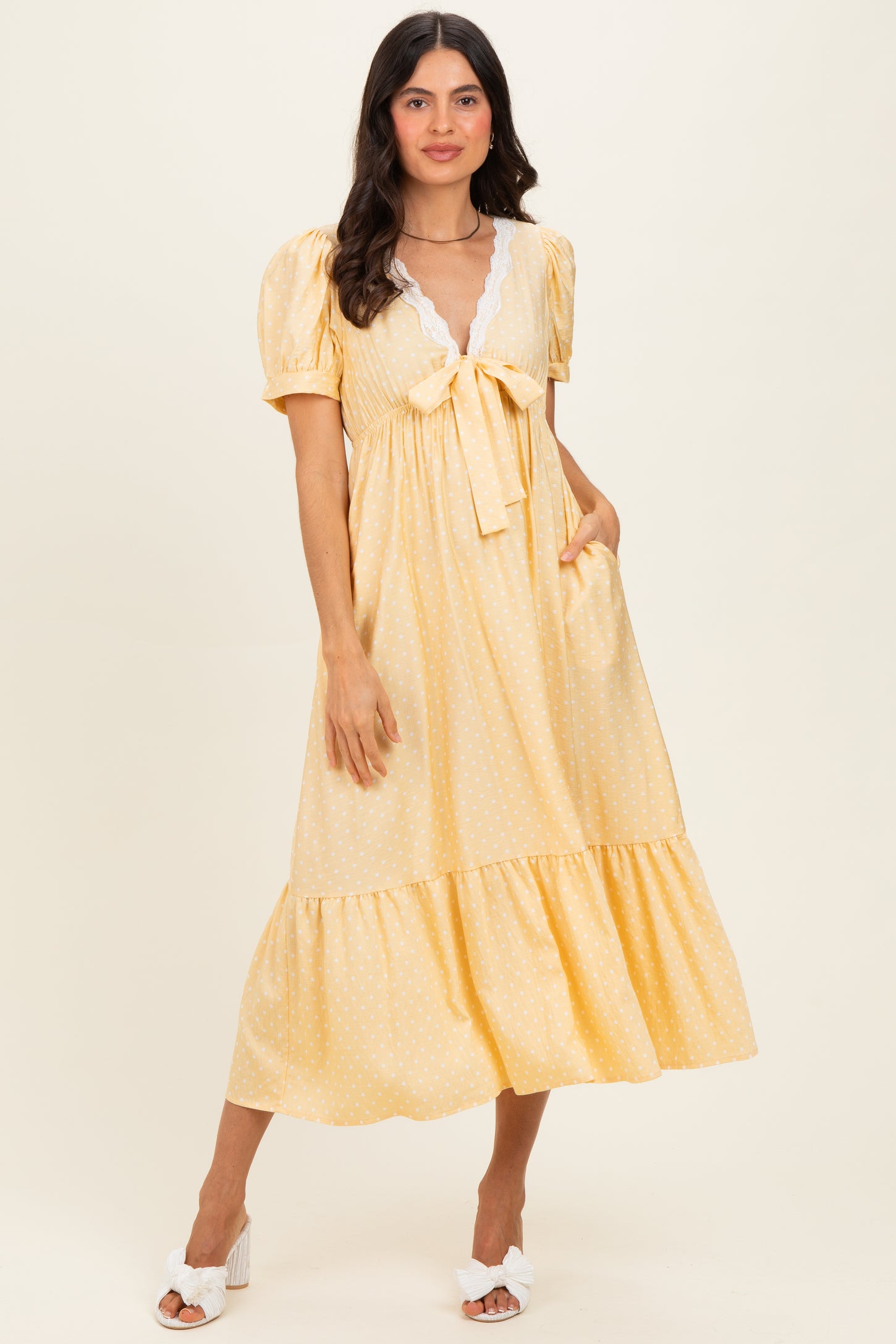 Yellow Polka Dot Short Sleeve Lace V-Neck Ruffle Hem Maxi Dress
