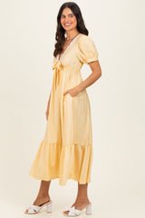 Yellow Polka Dot Short Sleeve Lace V-Neck Ruffle Hem Maxi Dress