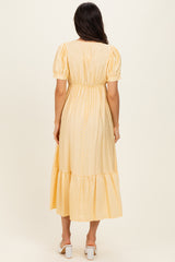 Yellow Polka Dot Short Sleeve Lace V-Neck Ruffle Hem Maxi Dress