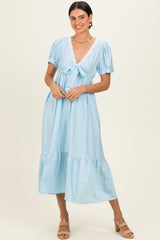 Light Blue Polka Dot Short Sleeve Lace V-Neck Ruffle Hem Maternity Maxi Dress