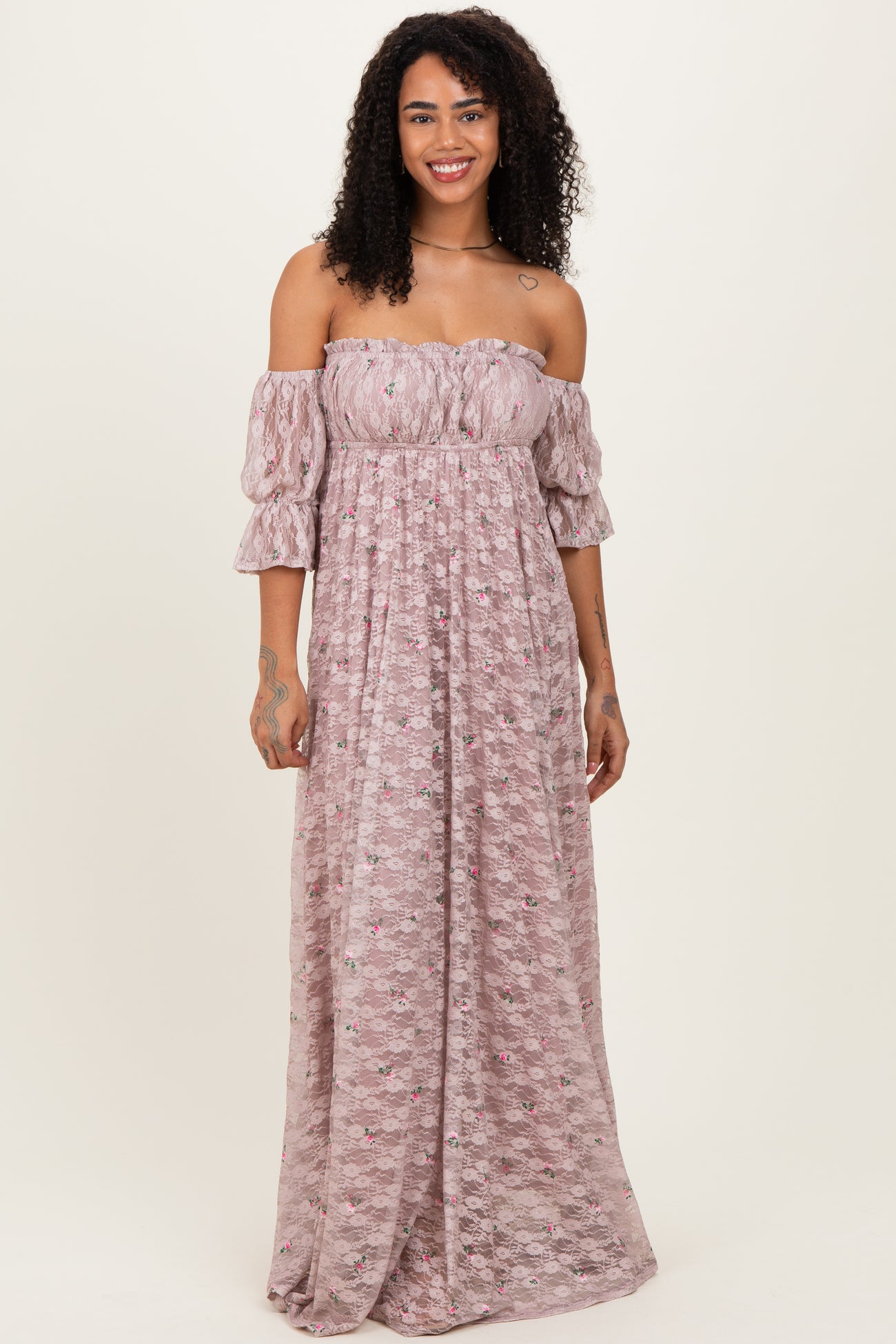 Taupe Floral Lace Off Shoulder Ruffe Sleeve Maternity Maxi Dress