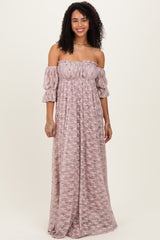 Taupe Floral Lace Off Shoulder Ruffe Sleeve Maternity Maxi Dress