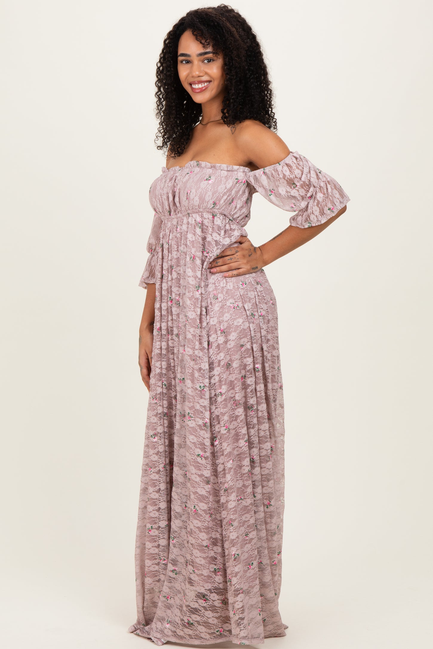 Taupe Floral Lace Off Shoulder Ruffle Sleeve Maxi Dress