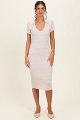 Ivory/ Light Pink Striped Short Sleeve Collared V-Neck Fitted Maternity Midi Dress