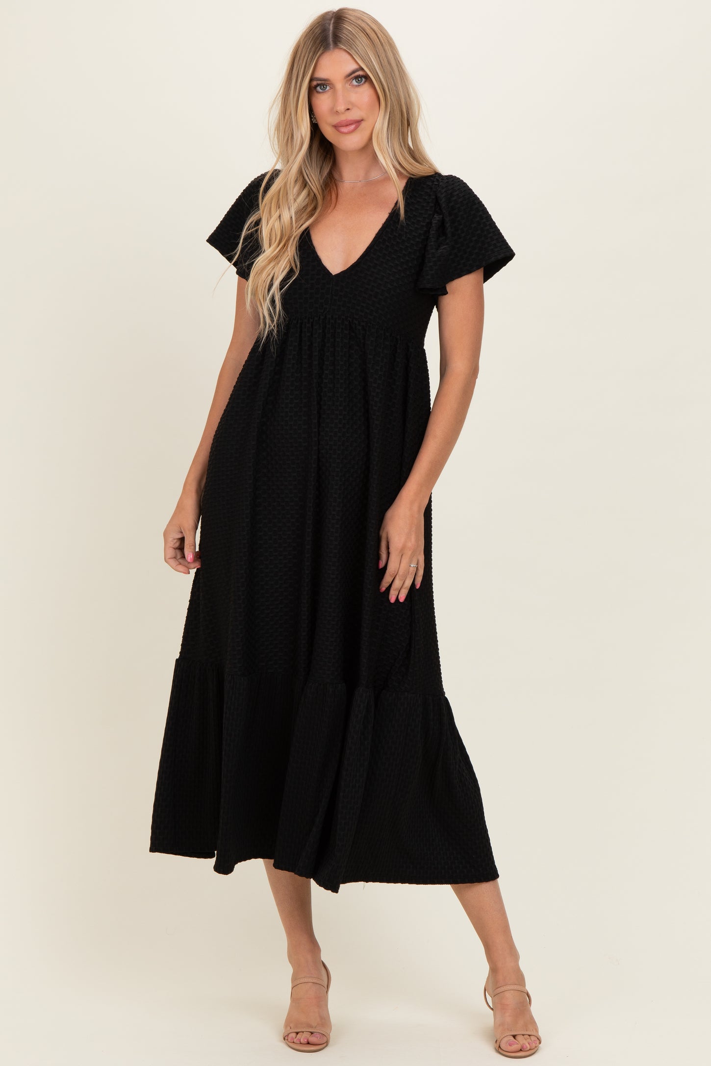 Black Textured Ruffle Hem Maternity Maxi Dress