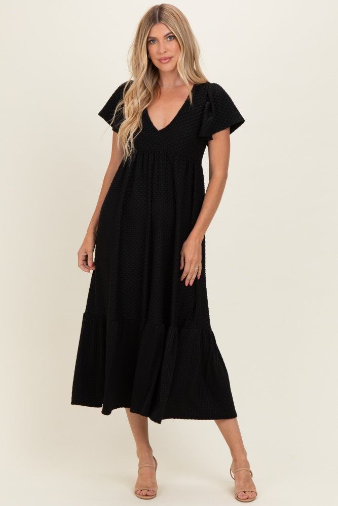 Black Textured Ruffle Hem Maxi Dress