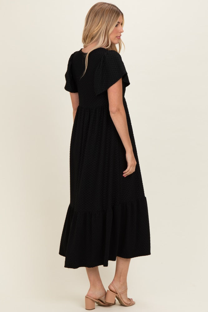 Black Textured Ruffle Hem Maxi Dress