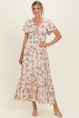 Beige Vintage Floral Short Sleeve V-Neck Tiered Maternity Maxi Dress
