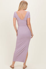 Lavender Basic Ribbed Side Slit Midi Dress