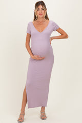 Lavender Basic Ribbed Side Slit Maternity Midi Dress