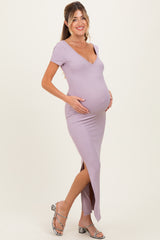 Lavender Basic Ribbed Side Slit Maternity Midi Dress