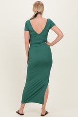 Forest Green Basic Ribbed Side Slit Midi Dress