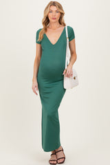 Forest Green Basic Ribbed Side Slit Maternity Midi Dress