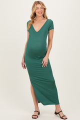 Forest Green Basic Ribbed Side Slit Maternity Midi Dress