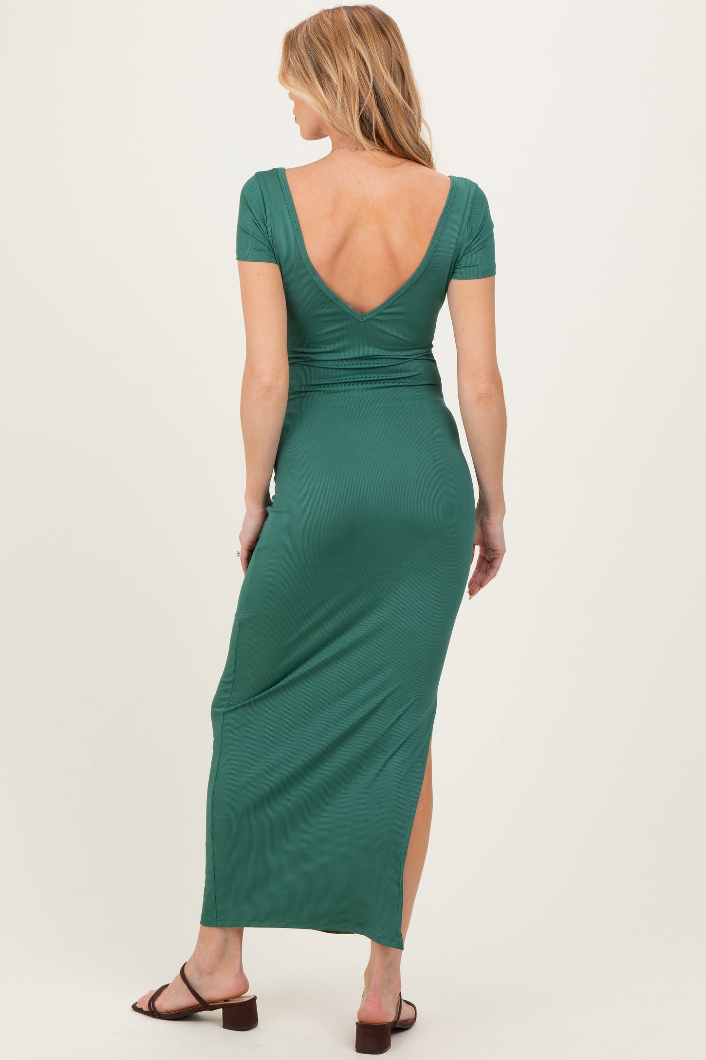 Forest Green Basic Ribbed Side Slit Maternity Midi Dress