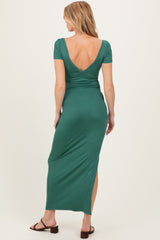 Forest Green Basic Ribbed Side Slit Maternity Midi Dress