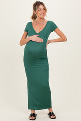 Forest Green Basic Ribbed Side Slit Maternity Midi Dress