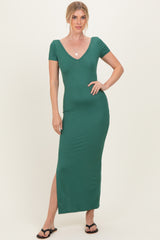Forest Green Basic Ribbed Side Slit Maternity Midi Dress
