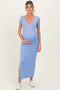 Blue Basic Ribbed Side Slit Maternity Midi Dress