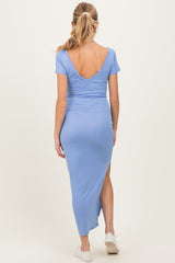 Blue Basic Ribbed Side Slit Maternity Midi Dress