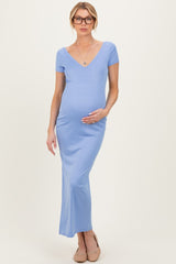Blue Basic Ribbed Side Slit Maternity Midi Dress