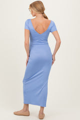 Blue Basic Ribbed Side Slit Maternity Midi Dress