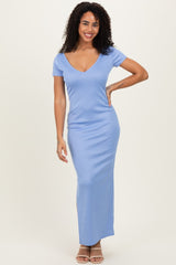Blue Basic Ribbed Side Slit Maternity Midi Dress
