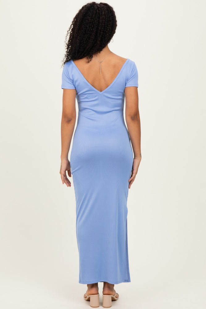 Blue Basic Ribbed Side Slit Midi Dress
