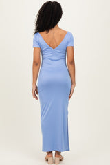 Blue Basic Ribbed Side Slit Midi Dress