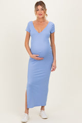 Blue Basic Ribbed Side Slit Maternity Midi Dress