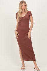 Brown Basic Ribbed Side Slit Maternity Midi Dress
