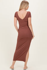 Brown Basic Ribbed Side Slit Midi Dress