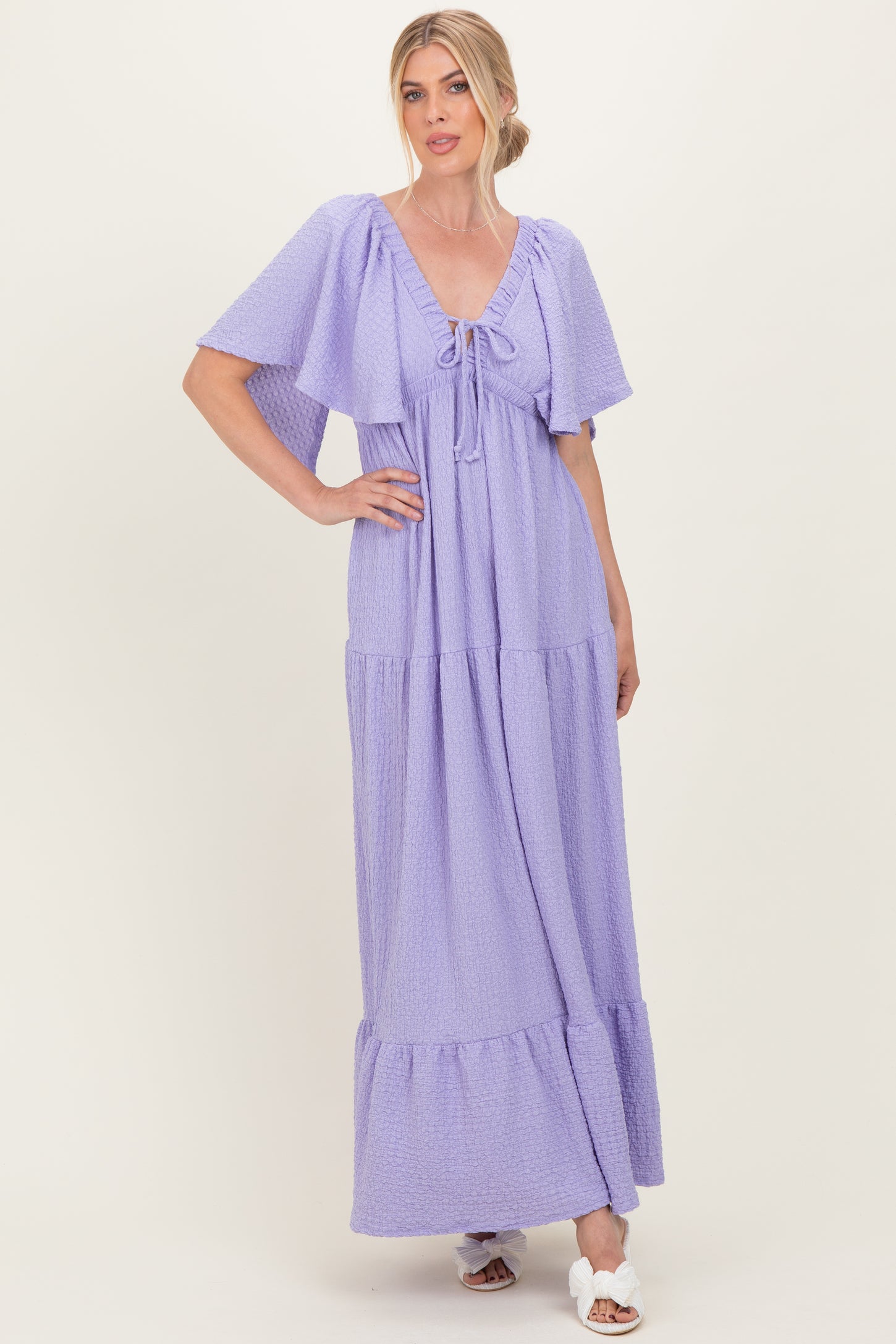 Lavender Woven Textured Flutter Sleeve V-Neck Tiered Maxi Dress