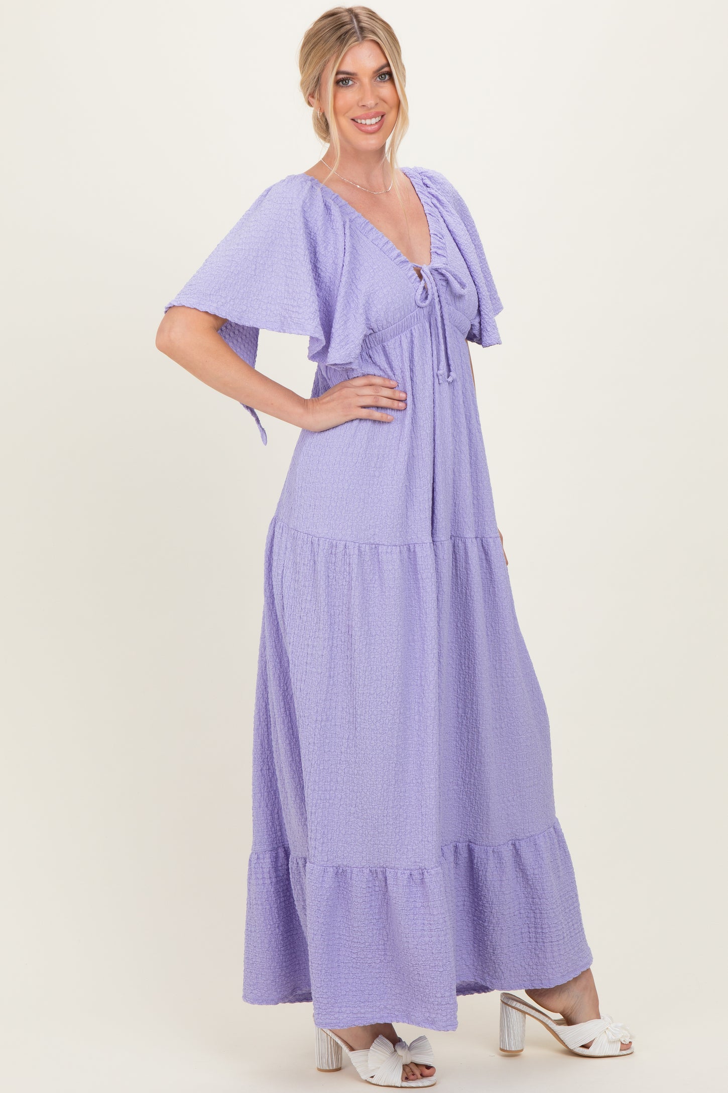 Lavender Woven Textured Flutter Sleeve V-Neck Tiered Maxi Dress