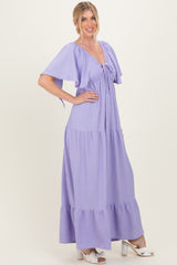 Lavender Woven Textured Flutter Sleeve V-Neck Tiered Maxi Dress