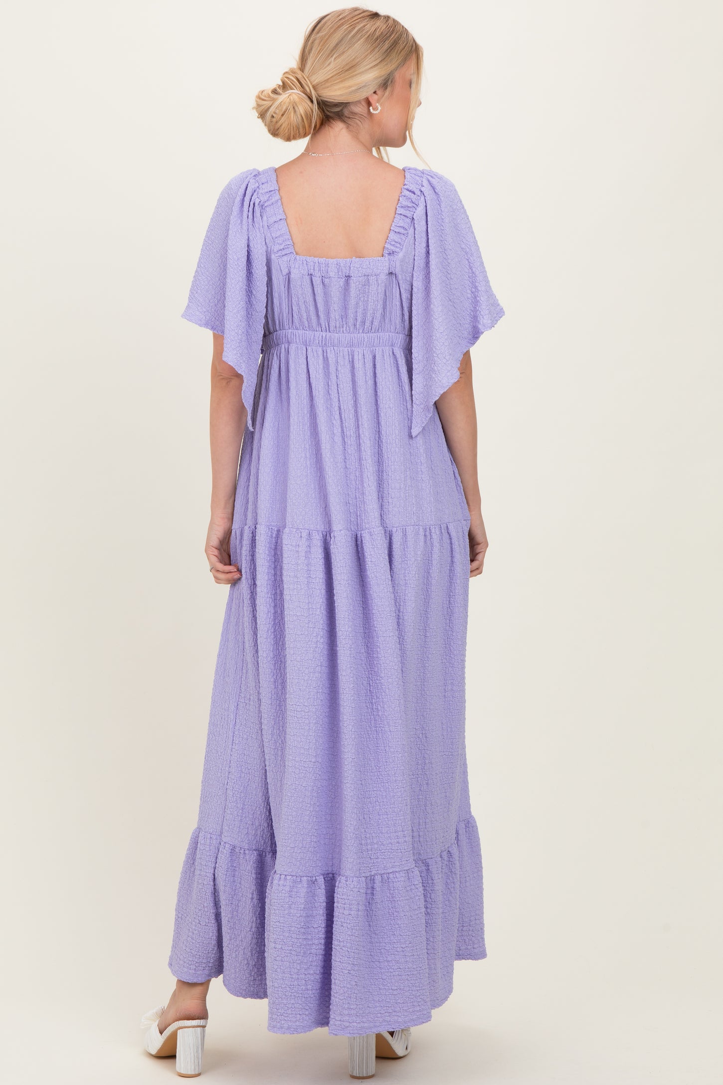 Lavender Woven Textured Flutter Sleeve V-Neck Tiered Maxi Dress