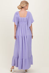 Lavender Woven Textured Flutter Sleeve V-Neck Tiered Maxi Dress