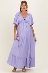 Lavender Woven Textured Flutter Sleeve V-Neck Tiered Maternity Maxi Dress