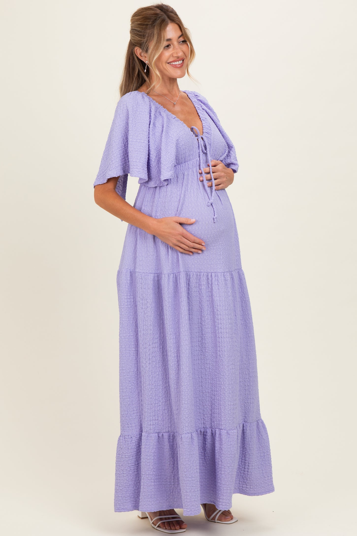 Lavender Woven Textured Flutter Sleeve V-Neck Tiered Maternity Maxi Dress