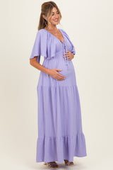 Lavender Woven Textured Flutter Sleeve V-Neck Tiered Maternity Maxi Dress