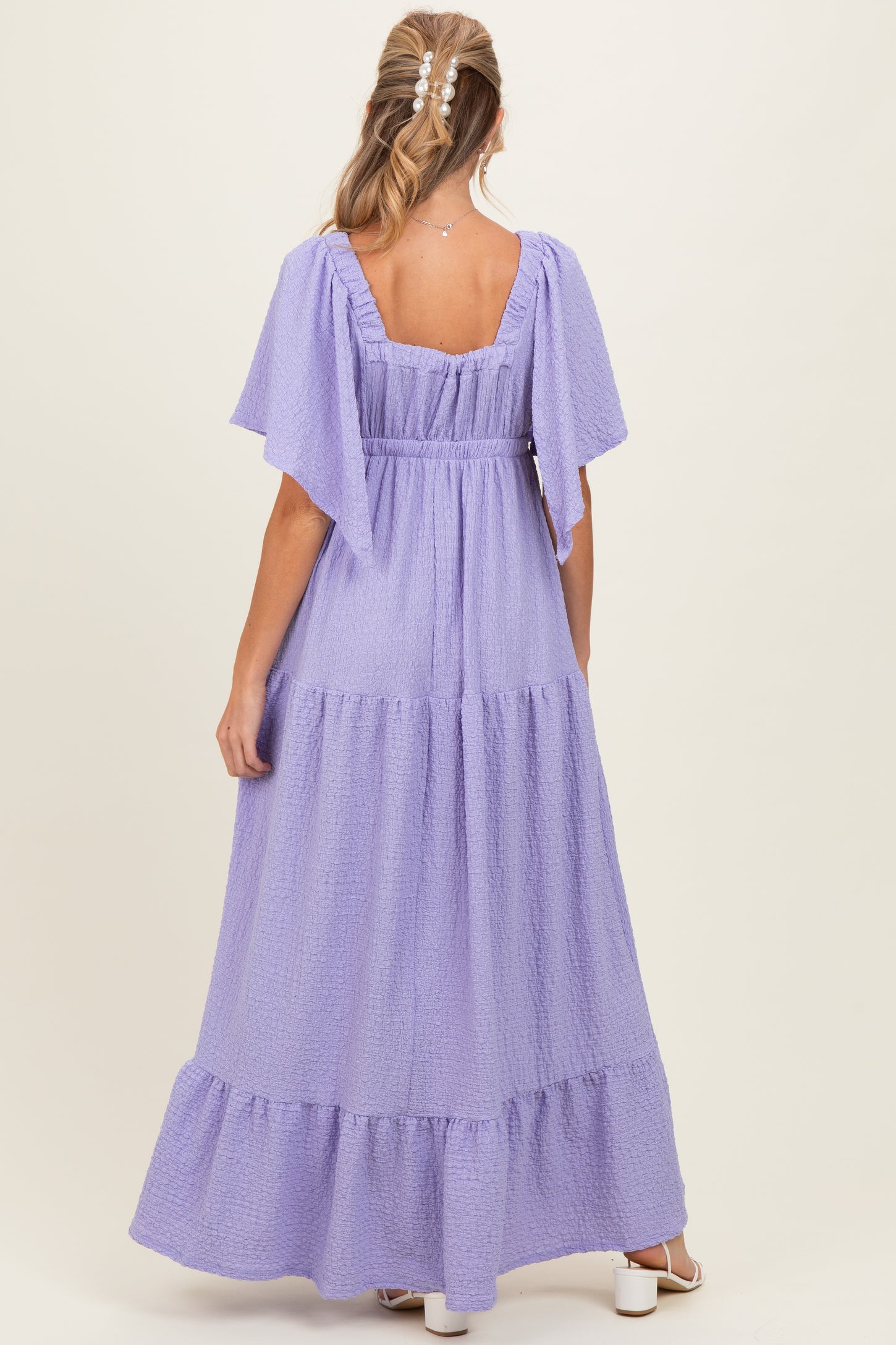 Lavender Woven Textured Flutter Sleeve V-Neck Tiered Maternity Maxi Dress