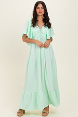 Sage Woven Textured Flutter Sleeve V-Neck Tiered Maxi Dress