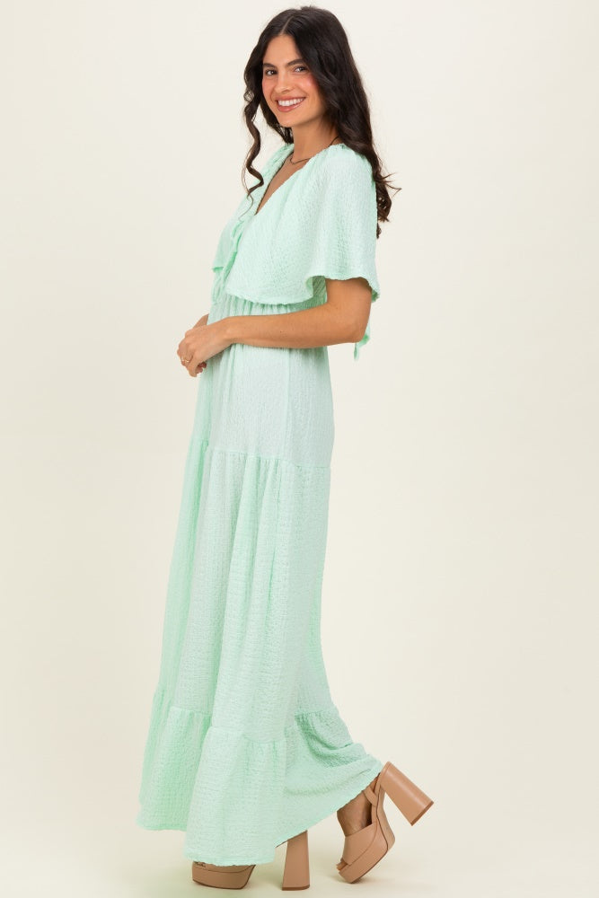 Sage Woven Textured Flutter Sleeve V-Neck Tiered Maxi Dress