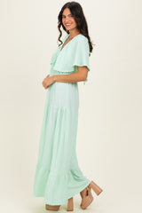 Sage Woven Textured Flutter Sleeve V-Neck Tiered Maxi Dress