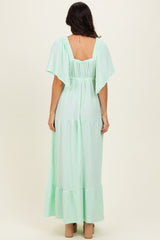 Sage Woven Textured Flutter Sleeve V-Neck Tiered Maxi Dress