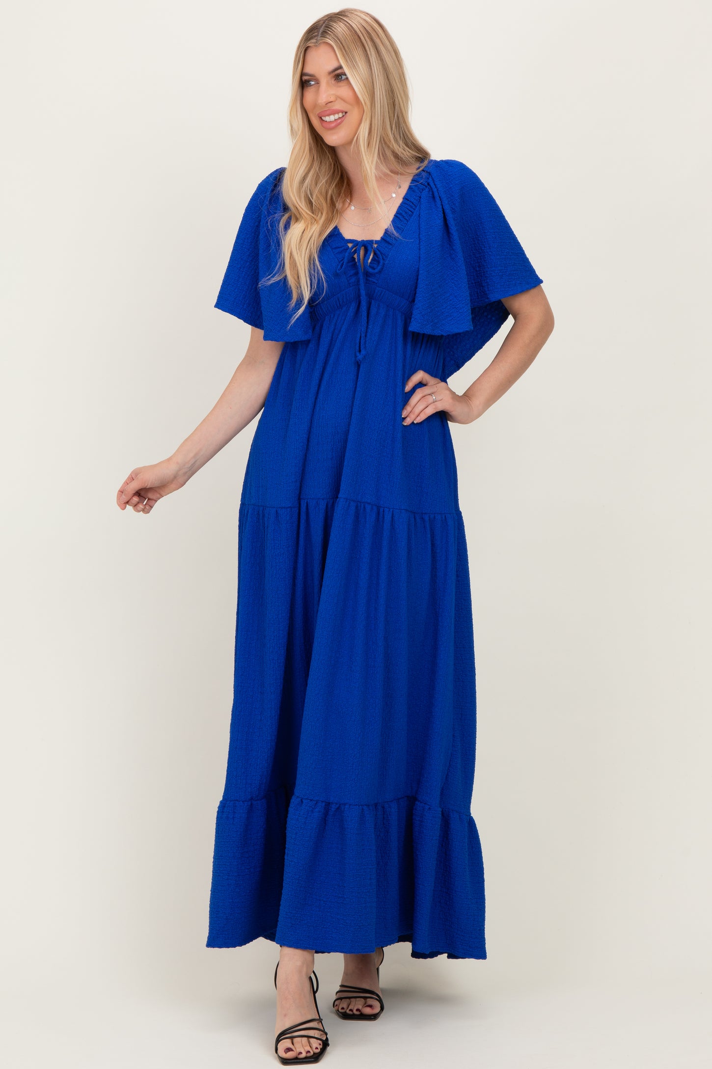Royal Woven Textured Flutter Sleeve V-Neck Tiered Maxi Dress