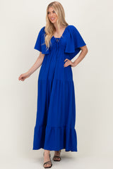 Royal Woven Textured Flutter Sleeve V-Neck Tiered Maxi Dress