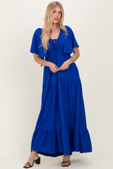 Royal Woven Textured Flutter Sleeve V-Neck Tiered Maternity Maxi Dress