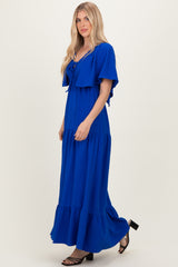 Royal Woven Textured Flutter Sleeve V-Neck Tiered Maxi Dress