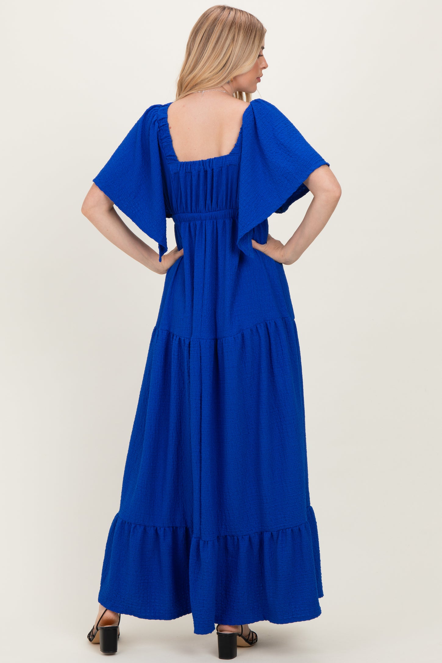 Royal Woven Textured Flutter Sleeve V-Neck Tiered Maxi Dress